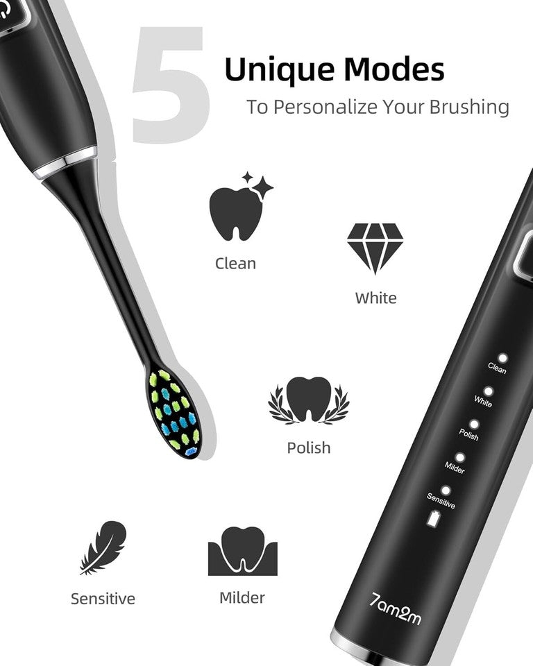 7AM2M Electric Toothbrush Set | 2-Pack for Kids & Adults, 12 Heads, 5 Modes